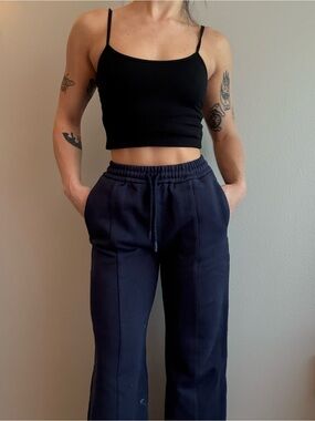 High-Rise Navy Drawstring Wide-Leg Track Pants